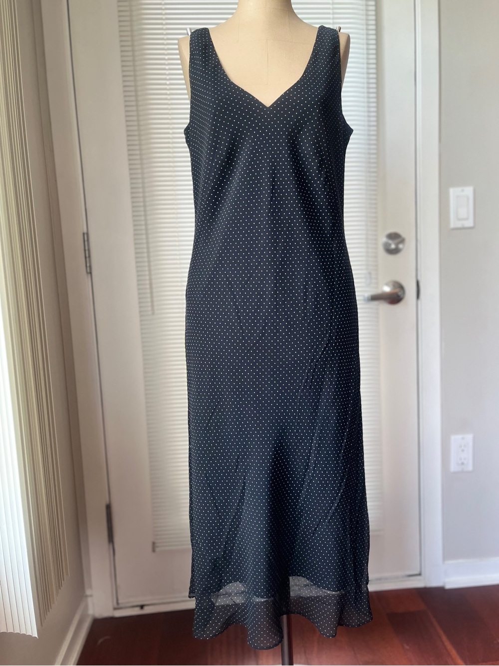 Banana Republic 100% Silk Black with White Dot V-Neck Midi Dress